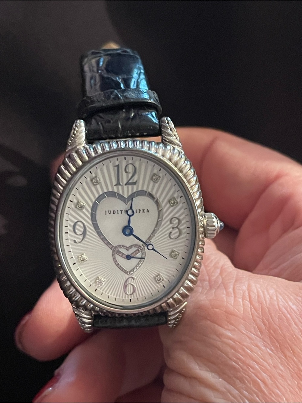 Judith Ripka Silver Heart Dial Watch with Black Leather Strap